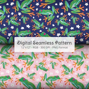 Treefrogs Seamless Pattern | Hand-Drawn Green Frogs, Navy & Pink Backgrounds (Digital Download)