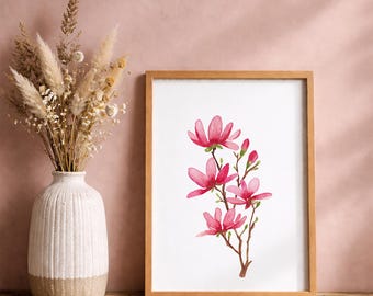 Roze magnolia aquarel lente bloemen kunst aan de muur, Cottage Core Botanical Decor