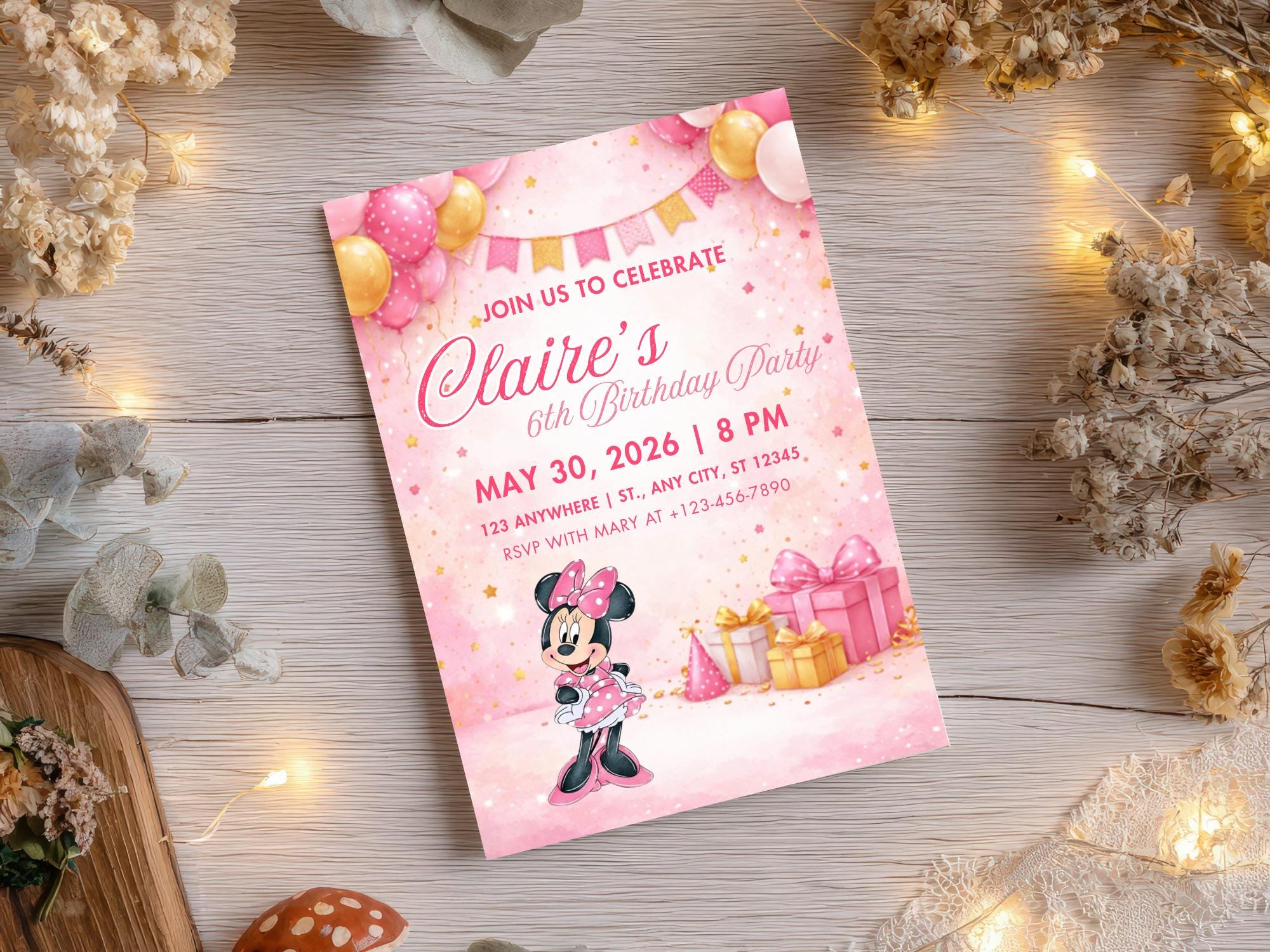 Editable Watercolor Minnie Mouse Birthday Invitation • Pink Birthday ...