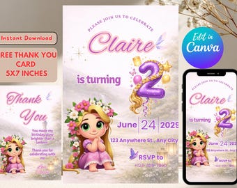 Rapunzel 2 Years Old Birthday Invitation Template, Tangled Lanterns, Editable Party Invite, Instant Download, Printable, Canva Editable
