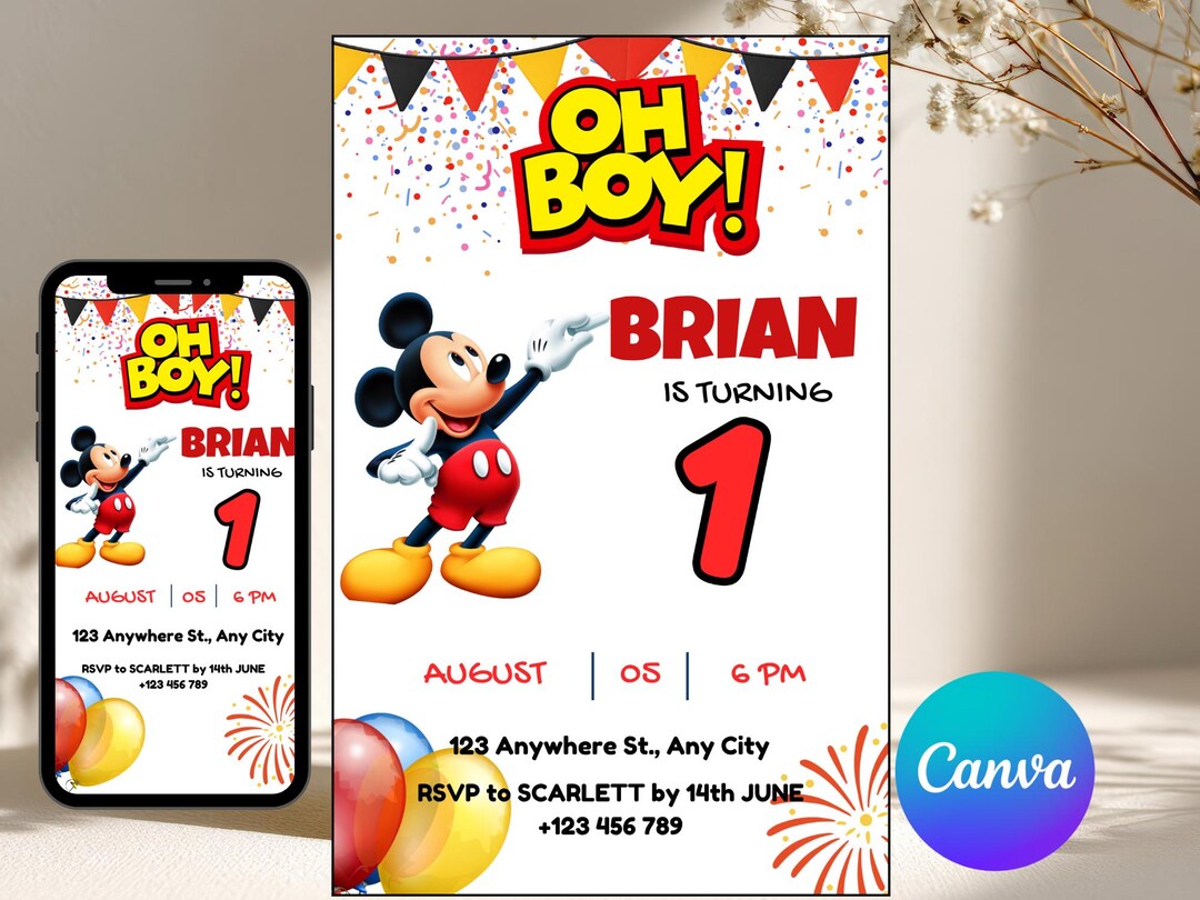 Editable Mickey Mouse 1st Birthday Celebration Invitation | Birthday ...