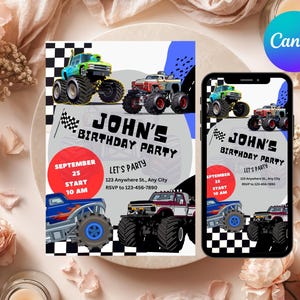 Uitnodigingspakket voor een Monster Truck-verjaardagsfeest • Boom! Bots! Smash! Uitnodigingsset • Bewerkbare Canva-sjablonen • Digitale download • Feestpakket voor jongens