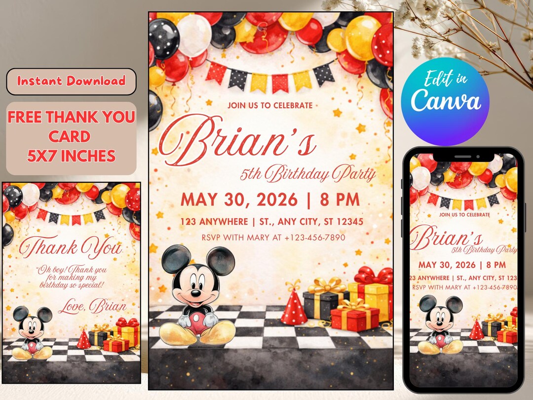 Editable Mickey Mouse Birthday Celebration Invitation | Birthday Party ...