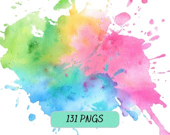 Watercolor Splash Clipart PNG, 131 Colorful Paint Splatter Bundle, Abstract Watercolor, Instant Download