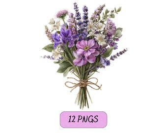 Clipart de ramo de flores silvestres, conjunto PNG floral de acuarela, flores de prado imprimibles