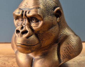Busto de gorila – Escultura decorativa estilo bronce – Estatua moderna de animal – Impresión 3D artesanal