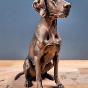 Peut inclure: Statue de chien de couleur bronze, en position assise, avec des détails sur la fourrure et les traits du visage. La sculpture est posée sur une surface en bois avec un fond bleu-gris. Le chien regarde vers la droite.