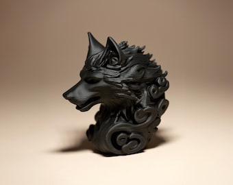 Cabeza de lobo místico – Estatua decorativa de fantasía impresa en 3D | Decoración gótica y regalo único