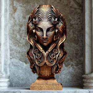 May include: A bronze-coloured bust of a woman with flowing hair and intricate details. The sculpture features a detailed face, floral accents, and a pedestal base. The bust is displayed on a white surface with a stone background and columns.