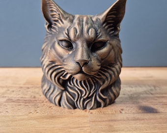 Busto de gato Maine Coon – Elegante estatua felina – Decoración moderna para el hogar – Impresión 3D artesanal – Regalo para amantes de los gatos