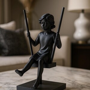 Peut inclure: Sculpture noire représentant une fillette sur une balançoire. La figurine est assise, les jambes tendues, tenant les montants de la balançoire. La sculpture est montée sur une base carrée, et le design général est minimaliste et moderne.