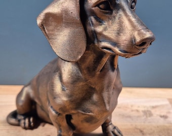 Estatua de perro salchicha impresa en 3D – Perro decorativo con efecto bronce – Regalo para amantes de los perros salchicha