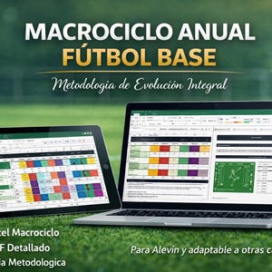 Puede incluir: Un portátil y una tableta que muestran hojas de cálculo en un campo verde. El texto en la parte superior dice "MACROCICLO ANUAL FÚTBOL BASE" y "Metodologia de Evolución Integral". Debajo hay marcas de verificación junto a "Excel Macrociclo", "PDF Detallado" y "Guia Metodologica".