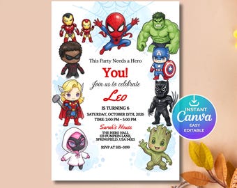 Super Hero Adventures Birthday Invitation, Printable Avengers Party Invite, Kids Superhero Template, Digital Download