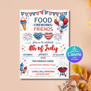 May include: A white invitation card with a festive design for a 4th of July celebration. It features patriotic graphics like fireworks, balloons, and an ice cream cone. The text includes "FOOD + FIREWORKS + FRIENDS" and event details.