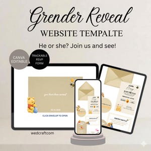 Puede incluir: Una plantilla de sitio web digital para la revelación de género que se muestra en una tableta, un teléfono y otra tableta. El diseño presenta ilustraciones de Winnie the Pooh, elementos temáticos de miel y el texto "He or she? Join us and see!"
