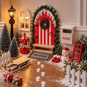 Könnte beinhalten: Eine weihnachtliche Miniaturszene mit einer rot-weiß gestreiften Tür mit Kranz, einem weißen Briefkasten mit der Aufschrift POST, einem Schneemann, einem roten Karussell, einem Holzschlitten, zwei Geschenken und einem weißen Zaun.