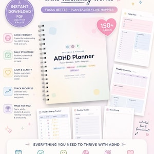 Peut inclure: Un agenda TDAH à reliure spirale avec une couverture blanche portant le texte THE ADHD PLANNER that actually works. L'ensemble comprend des pages imprimables pour les plans quotidiens, les aperçus hebdomadaires, les suivis d'humeur et d'énergie.