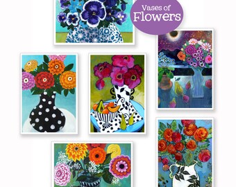 FLOWERS! 6 Greeting Cards - Colorful, Frameable Art by Carrie Tasman FREE SHIPPING
