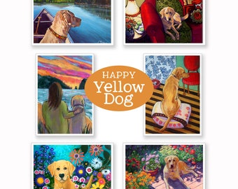 Colorful, Happy Yellow Dog Greeting Cards