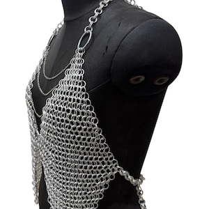 Puede incluir: Top de cota de malla plateada con dise&ntilde;o de cuello halter. La parte superior est&aacute; construida con peque&ntilde;os anillos de metal entrelazados, formando una tela flexible y texturizada. Se muestra en un maniqu&iacute; negro.