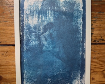 Lesbian Lovers Cyanotype Print, Original Handmade Blue Art on Cotton Rag Paper, A4, Romantic Sapphic Wall Art, Kiss, Tree, weeping willow
