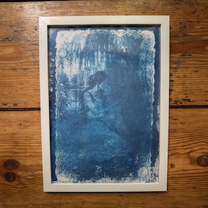 Lesbian Lovers Cyanotype Print, Original Handmade Blue Art on Cotton Rag Paper, A4, Romantic Sapphic Wall Art, Kiss, Tree, weeping willow