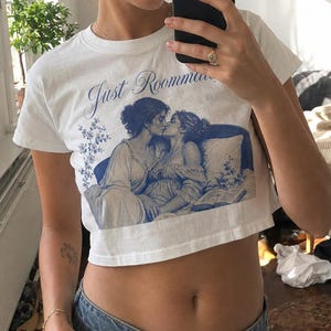 Just Roommates Sapphic Baby Tee | Vintage Mythology Art Crop Top | Coquette Aesthetic Women's Shirt | Classical Lesbian Art Graphic T-Shirt