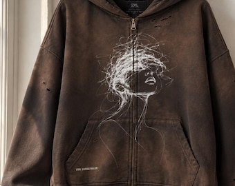 Hoodie met rits en opdruk 'Internal Noise Scribble Face', sweatshirt met abstracte lijntekening en verwassen look, bruine acid wash streetwear, brutalistische gothic jas