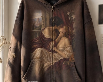 Vintage Renaissance Art Zip Up Hoodie, Sapphic Romantic Painting Distressed Sweatshirt, Dark Academia Lovers Jacket, Aesthetic Goth Hoodie
