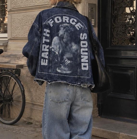 McQ, McQ Alexander McQueen Distressed Denim Jacket Size XS, Earth Force Sound Graphic Jean Jacket, Vintage Designer Statuary Oversized Outerwear