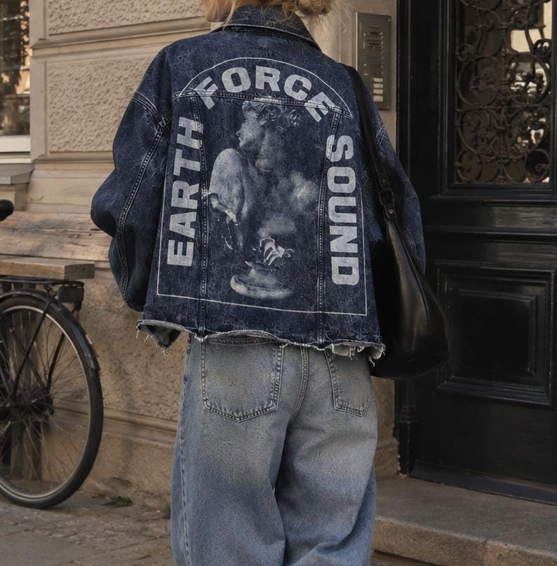 McQ, McQ Alexander McQueen Distressed Denim Jacket Size XS, Earth Force Sound Graphic Jean Jacket, Vintage Designer Statuary Oversized Outerwear