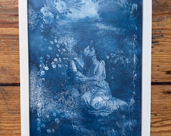 Lesbian Lovers Cyanotype Print, Original Handmade Blue Art on Cotton Rag Paper, A4, Romantic Sapphic Wall Art, Flowers
