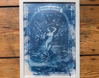 Aphrodite Cyanotype Print, Original Handmade Blue Art on Cotton Rag Paper, A4, Romantic Sapphic Wall Art