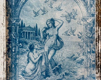Stampa cianotipica di Afrodite e Peitho, opera d'arte originale blu realizzata a mano su carta di cotone, formato A4, romantica decorazione murale saffica.
