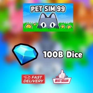 Könnte beinhalten: Eine digitale Grafik mit einer Cartoon-Katze im grünen Gras mit dem Text PET SIM 99, einem blauen Diamantsymbol, dem Text 100B Dice, einem roten Rechteck mit dem Text FAST DELIVERY und einem weißen Abzeichen mit Daumen hoch und dem Text BEST SELLER.