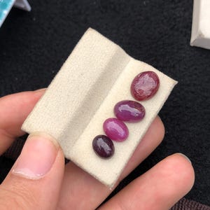 May include: Five oval-shaped, polished gemstones in varying shades of red and purple are displayed on a small, off-white card. The gemstones have a glossy finish and are arranged in a row, showcasing their color and texture.