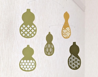 Japanese Gourd Mobile – Handmade Paper Hanging Decor – Washi Inspired Interior Art
