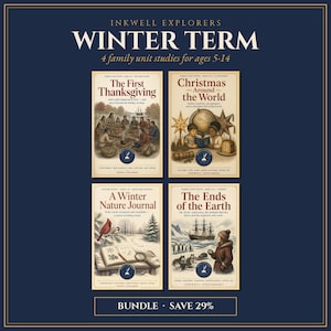 May include: Four educational books titled Inkwell Explorers Winter Term for ages 5-14. The covers feature illustrations for The First Thanksgiving, Christmas Around the World, A Winter Nature Journal, and The Ends of the Earth with descriptive text.