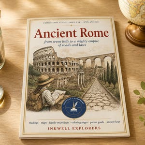 May include: A softcover educational book titled Ancient Rome from seven hills to a mighty empire of roads and laws by Inkwell Explorers. The cover features an illustration of a person sketching the Colosseum and an aqueduct, with a blue circular logo.