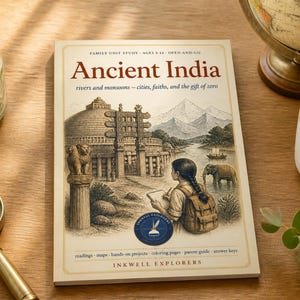May include: A softcover educational book titled Ancient India, featuring a central illustration of a person sketching a stupa, mountains, and an elephant. The cover includes the text Family Unit Study, Inkwell Explorers, and lists various contents.