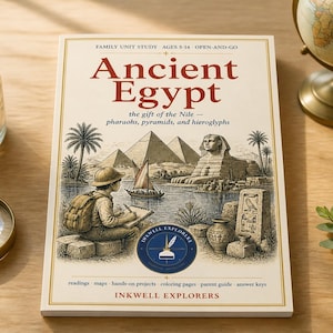 May include: A rectangular educational book titled Ancient Egypt, the gift of the Nile, featuring a detailed illustration of a person sketching pyramids, the Sphinx, and a boat. The cover includes the text Inkwell Explorers and lists study components.