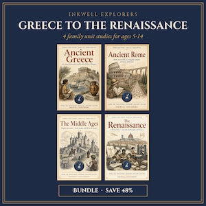 May include: A set of four educational books titled Inkwell Explorers: Greece to the Renaissance, featuring unit studies on Ancient Greece, Ancient Rome, The Middle Ages, and The Renaissance. Each cover displays historical illustrations and text.