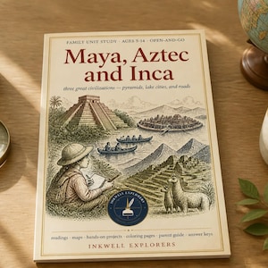 May include: A softcover educational book titled Maya, Aztec and Inca: three great civilizations—pyramids, lake cities, and roads. The cover features a detailed illustration of a person writing, ancient pyramids, canoes, and llamas.