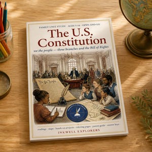 Puede incluir: Un libro de tapa blanda titulado The U.S. Constitution: we the people — three branches and the Bill of Rights de Inkwell Explorers. La portada presenta una ilustración de una escena histórica con niños, una pluma y un logotipo circular azul.