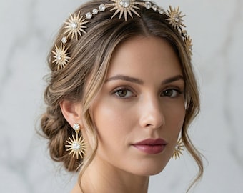 Silber Stern Kristall Krone Tiara, Gold Celestial Braut Kopfschmuck, Boho Hair Vine Set