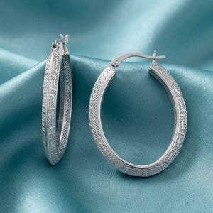 Italian Sterling Silver Greek Key Oval Hoop Earrings 35mm Elegant Pattern Jewelry Gift