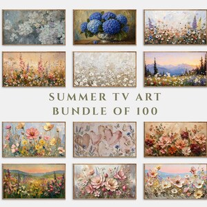 Puede incluir: Una colección de impresiones artísticas florales enmarcadas. La obra presenta diversos arreglos florales y paisajes en una variedad de colores, incluyendo azul, rosa y amarillo. El texto "SUMMER TV ART BUNDLE OF 100" se muestra en el centro.