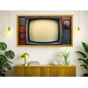 Puede incluir: Un televisor de estilo vintage con marco de madera, pantalla negra y detalles marrones. El televisor está montado en una pared blanca sobre un mueble amarillo. Plantas y lámparas completan la estética retro.