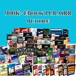 Puede incluir: Un conjunto de libros y productos digitales, incluyendo ebooks, con el texto "900K+ EBOOK PLR MRR BUNDLE" sobre un fondo azul. Los libros presentan diversos títulos y diseños de portada, sugiriendo un tema de negocios o autoayuda.